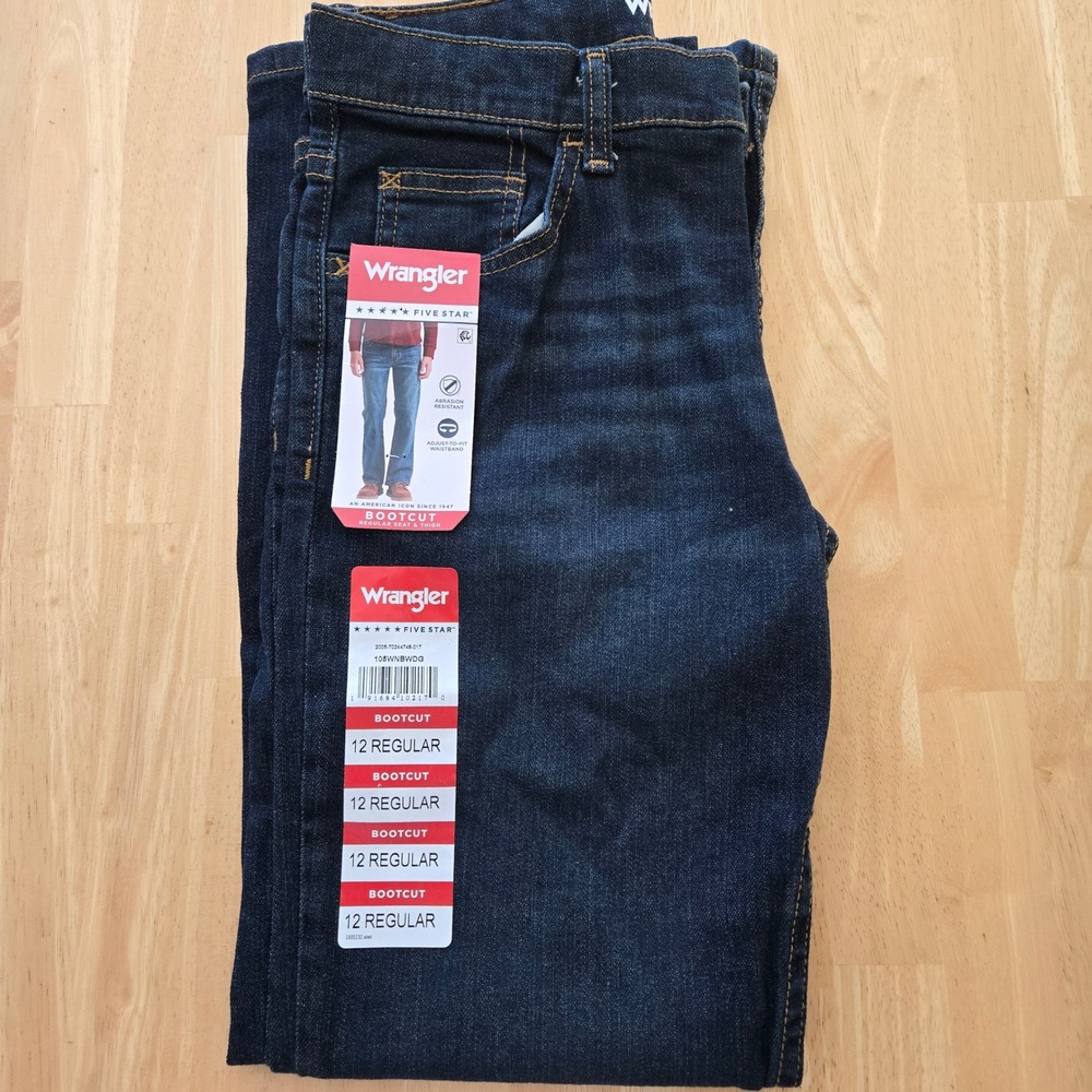 Wrangler Five Star Boys Jeans Size 12 Regular Bootcut Dark Wash NWT